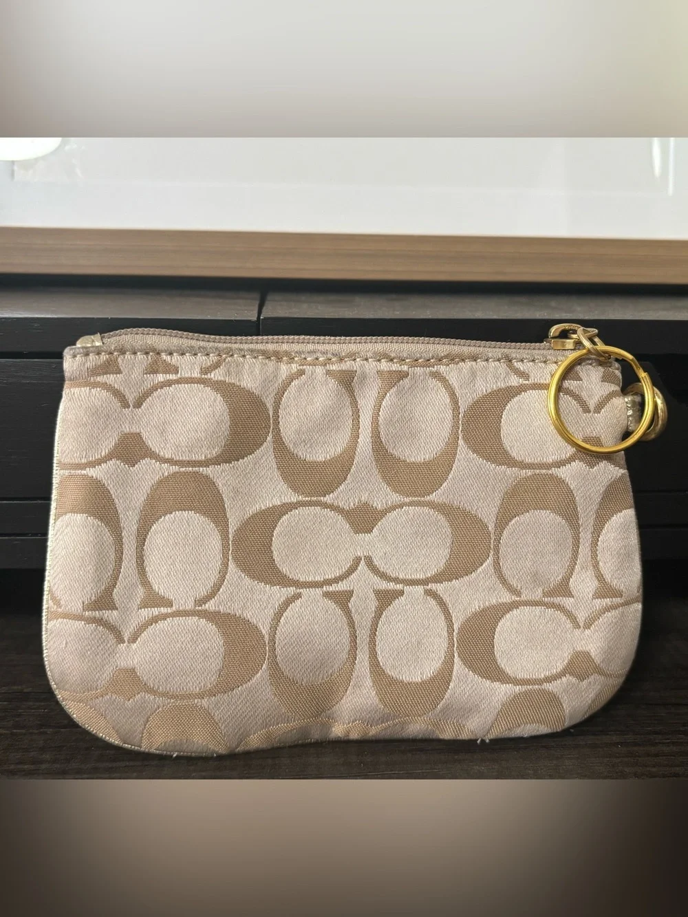 Coach Beige Signature Canvas Wristlet with Teal and Magenta Logo - Picture 2 of 6
